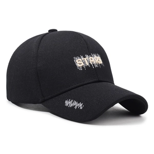 Black cotton baseball cap with embroidered STARS logo and distressed fringe details