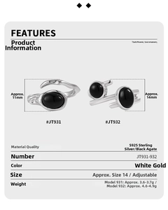 Detail view of S925 sterling silver rings with black agate and adjustable size specs