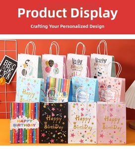 Detail of assorted Happy Birthday kraft paper gift bags with balloon and cupcake patterns