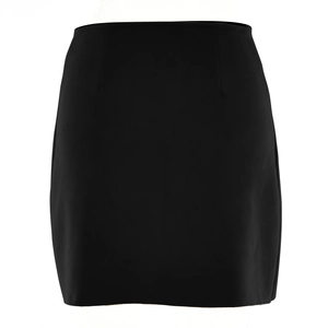 Front view of a minimalist black faux suede mini skirt with single-breasted button closure