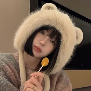Cute beige bear ear plush trapper hat for women with thick faux fur and warm ear flaps