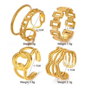 Detailed size and weight chart for four gold stainless steel minimalist rings