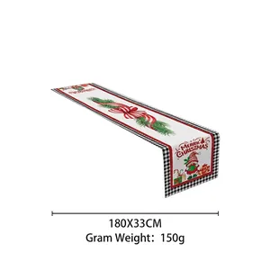 Chemin de table de Noël avec motifs nains et carreaux rouges noirs, décoration fête 180x33cm