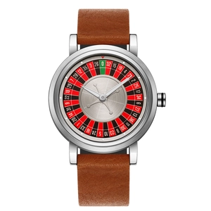 Macro detail of men's roulette watch face with brown leather strap and silver metal case