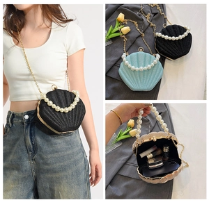 Collage of chic shell-shaped evening bags with sequins and elegant pearl handles