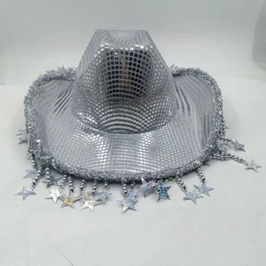 Shiny silver sequin western cowboy hat with star tassels for party and costume events