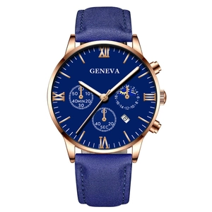 Close-up of Geneva men's watch with blue sunray dial and rose gold case detail