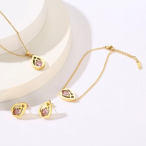 Titanium steel jewelry set featuring drop-shaped pink glass in gold necklace and earrings