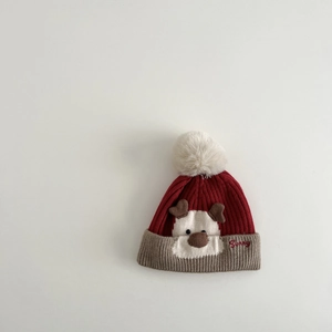 Close-up of knit baby hat featuring a cute cartoon puppy design and Sunny embroidery
