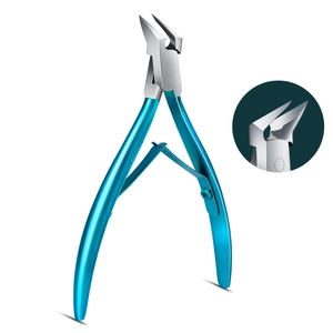 Close-up of stainless steel cuticle nipper with sharp precision blades and blue handle