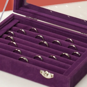 Purple velvet 24-slot ring display box with transparent lid and metal lock closure