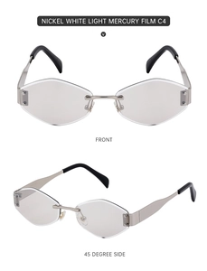 Detailed front and side views of C4 rimless sunglasses with silver metal frames and mercury lenses