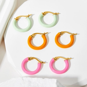 Colorful pastel enamel hoop earrings in mint green, orange and pink with gold plating