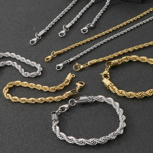 Polished stainless steel rope chain bracelets and necklaces in gold and silver finishes