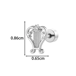 Silver heart harp stud earring with zircon and screw back measuring 0.86cm by 0.65cm