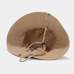 Outdoor khaki cotton sun hat with wide brim, adjustable wind cord and metal side snaps