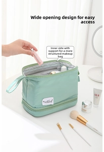 Detail view of large capacity light green makeup bag with wide opening and double layer storage