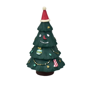 Miniature resin green Christmas tree with cute cat face and red holiday hat decoration