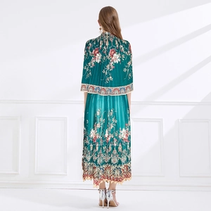 Floral chiffon pleated maxi dress set in dark green featuring a shawl cape and long skirt