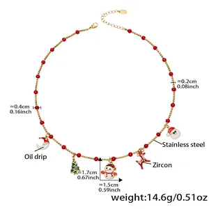 Detailed view of Christmas beaded necklace showing sizes, charms and stainless steel specs
