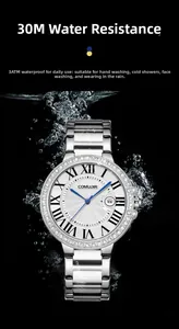 Detail of 3ATM waterproof silver watch with Roman numerals and blue second hand in water