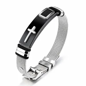 Pulsera De Hombre De Acero Inoxidable Cruz Malla Ajustable Estilo Milanese Religioso Punk Moda