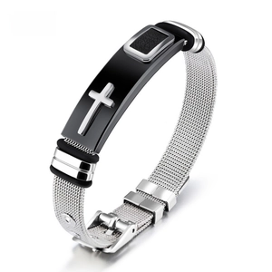 Men Stainless Steel Cross Mesh Band Bracelet Adjustable Milanese Style Religious Punk Fashion Wristband