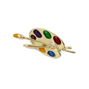 Artistic gold enamel painter palette and brushes brooch pin with colorful drips