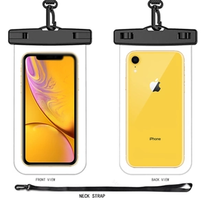Front and back detail of transparent waterproof phone pouch with secure lock and neck strap