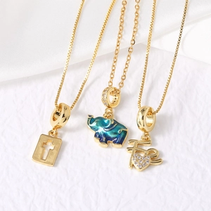 18K Gold Plated Copper Pendant Necklace For Women Cross Square Tag Enamel Elephant Heart Rhinestone Fashion Jewelry