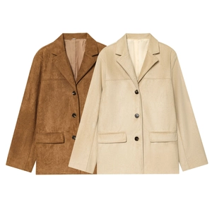 Women Faux Suede Blazer Jacket Long Sleeve Single Breasted Notched Lapel Solid Color Outerwear With Pockets