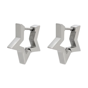 Detailed side view of silver star-shaped stainless steel hinged huggie earrings