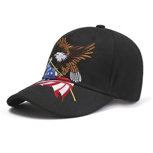 Black baseball cap with eagle and flag embroidery shown from a 3/4 side angle view