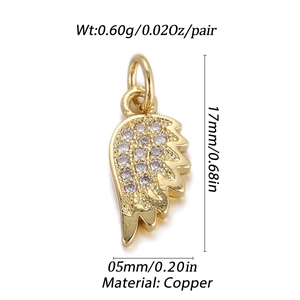 Detailed view of 18K gold wing pendant with clear zircon inlay and specific dimensions