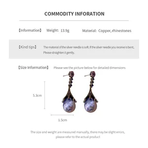 Size chart for French teardrop flower earrings with lavender crystals and pearls