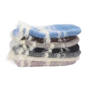 Striped winter knit beanies with plush trim in multiple colors including blue and brown