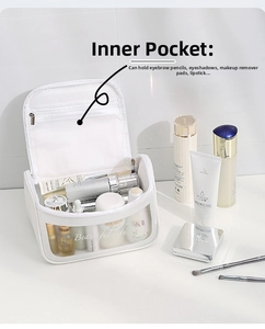 Detail view of large PVC clear toiletry bag with interior mesh pockets and top handle