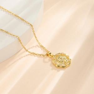 18k gold plated coin necklace featuring a princess relief pendant with zircon halo