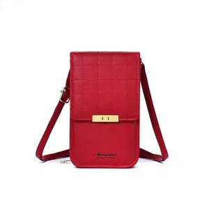 Elegant red quilted PU leather crossbody phone bag for women with gold metal clasp closure