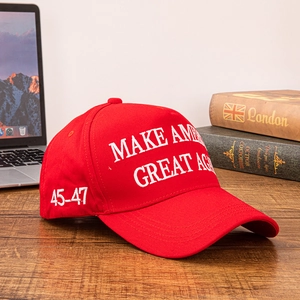 Red Make America Great Again baseball cap featuring 45-47 white side embroidery