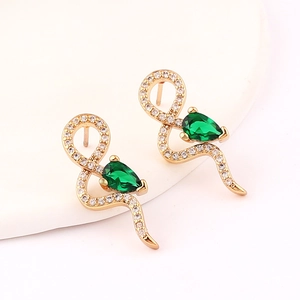 Snake Stud Earrings Gold Plated Brass With Green Pear Gemstone Micro Pave Fashion Jewelry For Women