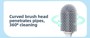Detail of grey TPR curved brush head for 360 cleaning of deep pipes and corners