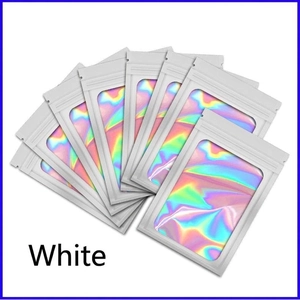 White holographic resealable bags with clear window in fan-shaped stack layout
