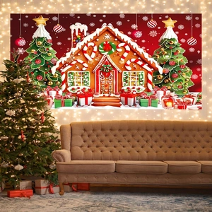 Toile de fond Noël maison de pain d'épices avec sapins enneigés et cadeaux pour la fête