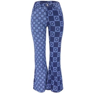 Jean Flare Femme Et Haut Denim Manches Courtes Imprimé Damier Floral Rétro Streetwear