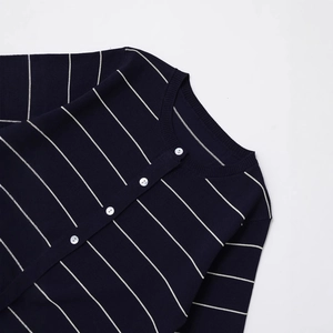 Classic navy blue striped knit cardigan with white buttons and elegant round neck