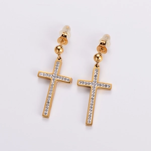 Golden stainless steel cross stud earrings with sparkling rhinestones on white background