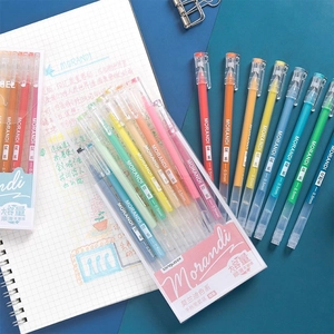 Macro view of 0.5mm Morandi color gel pens set on spiral notebook for journaling