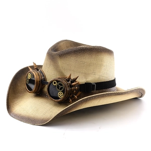 Steampunk western cowboy hat with vintage goggles and gear details on white background