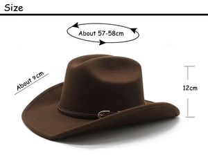 Detailed size map of brown western cowboy hat showing 9cm brim and 57-58cm head girth